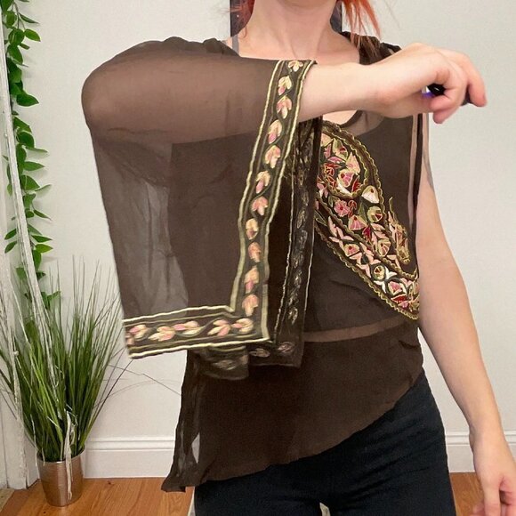 Y2K Ted Baker Floral Embroidery Sheer Top One Sleeve Size S Brown - Picture 3 of 4